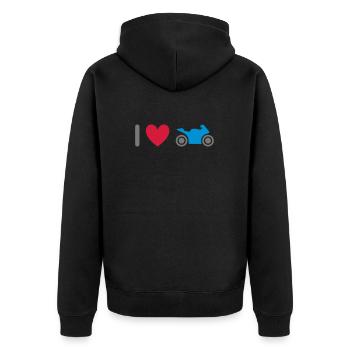 ★ Designfarben änderbar ★ Ich liebe Motorräder - Unisex Premium Bio Zip Hoodie - Schwarz - Hinten - Nico (187cm)