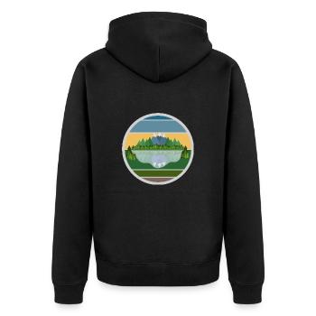 The Mountain Calls: Sonnenaufgang am Bergsee - Unisex Premium Bio Zip Hoodie - Schwarz - Hinten - Nico (187cm)