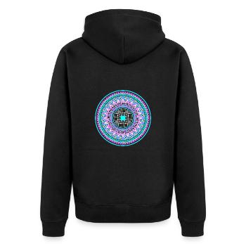 Kindness Mandala in neon blau pink - Unisex Premium Bio Zip Hoodie - Schwarz - Hinten - Nico (187cm)