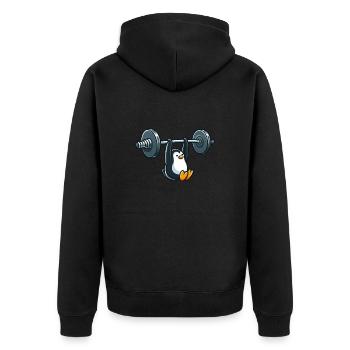 Lustiger Pinguin Fitness Hantel Cartoon Design - Unisex Premium Bio Zip Hoodie - Schwarz - Hinten - Nico (187cm)