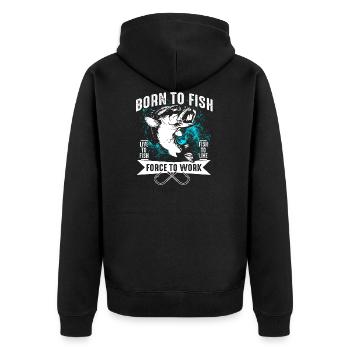 Zum Fisch Geboren Angeln Spruch - Unisex Premium Bio Zip Hoodie - Schwarz - Hinten - Nico (187cm)