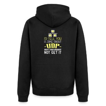 Network Administrator T-Shirt: "Joke About UDP" - Unisex Premium Organic Zip Hoodie - black - Back - Nico (187cm)