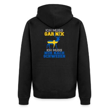 Ich Muss Gar Nichts Ich Muss Nur Nach Schweden - Unisex Premium Bio Zip Hoodie - Schwarz - Hinten - Nico (187cm)