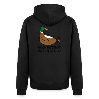 Ente will Wochenende - Unisex Premium Bio Zip Hoodie - Schwarz - Hinten - Nico (187cm)