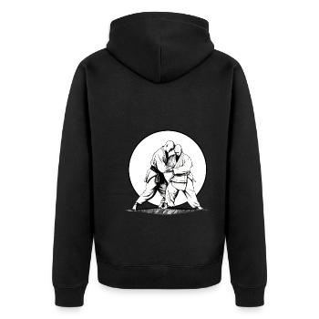 Aikido Kampfkunst Sport Kämpfer im Sonnenuntergang - Unisex Premium Bio Zip Hoodie - Schwarz - Hinten - Nico (187cm)