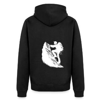 Wanderer beim Klettern am Berggipfel Felsen - Unisex Premium Bio Zip Hoodie - Schwarz - Hinten - Nico (187cm)