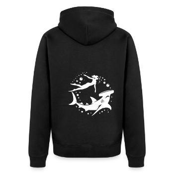 Hammerhai und Taucherin schweben Unterwasser - Unisex Premium Bio Zip Hoodie - Schwarz - Hinten - Nico (187cm)