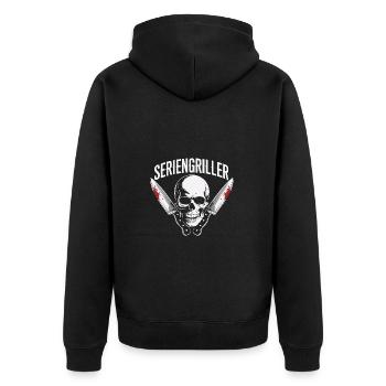 Skull Seriengriller mit Grillmessern - Unisex Premium Bio Zip Hoodie - Schwarz - Hinten - Nico (187cm)