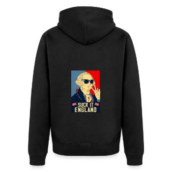 Suck-It England Lustig 4. Juli George Washington - Unisex Premium Bio Zip Hoodie - Schwarz - Hinten - Nico (187cm)
