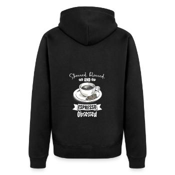Gestresst Espresso Obsessed - Kaffee Liebhaber - Unisex Premium Bio Zip Hoodie - Schwarz - Hinten - Nico (187cm)