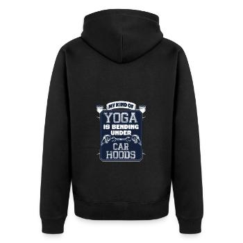 Meine Art Von Yoga Ist Unter Motorhauben Biegen - Unisex Premium Bio Zip Hoodie - Schwarz - Hinten - Nico (187cm)
