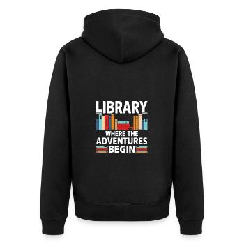 Bibliothek Wo Die Abenteuer Beginnen - Farbiges - Unisex Premium Bio Zip Hoodie - Schwarz - Hinten - Nico (187cm)