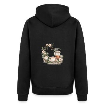 Vintage Teapot and Flowers Illustration for - Unisex Premium Organic Zip Hoodie - black - Back - Nico (187cm)