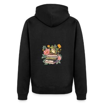 Frog on pile of books with flowers - Unisex Premium Organic Zip Hoodie - black - Back - Nico (187cm)