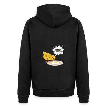 Chick Discovers Egg Humorous Cartoon Text: Bro! - Unisex Premium Organic Zip Hoodie - black - Back - Nico (187cm)