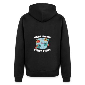Here Fishy Fishy Lustiger Angler Spruch - Unisex Premium Organic Zip Hoodie - black - Back - Nico (187cm)