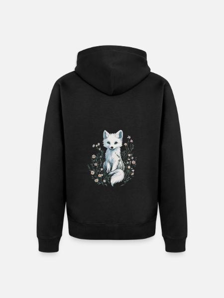 Tyylikäs valkoinen kettu Flower Meadow -maalauksessa - Premium unisex luomu-huppari vetoketjulla - musta