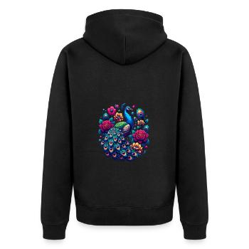 Majestätischer Pfau mit Blumenpracht in - Unisex Premium Bio Zip Hoodie - Schwarz - Hinten - Nico (187cm)