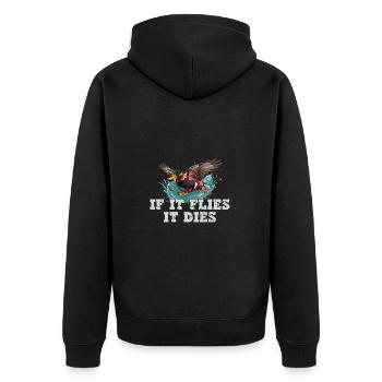 Wenn Es Fliegt, Stirbt Es Entenjäger Stilvolles - Unisex Premium Bio Zip Hoodie - Schwarz - Hinten - Nico (187cm)