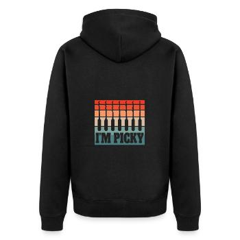 Amateur de guitare Humour Style rétro 'I’m Picky' - Veste à capuche bio Premium Unisexe - noir - Dos - Nico (187cm)
