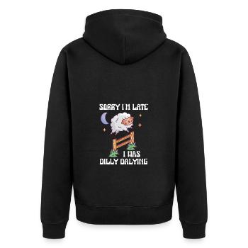Sorry I'm Late I Was Dilly Dalying Lustiges Schaf - Unisex Premium Bio Zip Hoodie - Schwarz - Hinten - Nico (187cm)