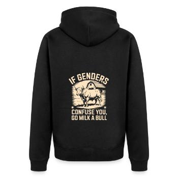 Wenn Geschlechter Verwirren, Melke Einen Stier - Unisex Premium Bio Zip Hoodie - Schwarz - Hinten - Nico (187cm)