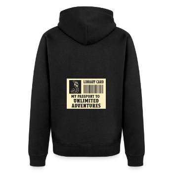 Bibliotheksausweis Mein Pass Zu Unbegrenzten - Unisex Premium Bio Zip Hoodie - Schwarz - Hinten - Nico (187cm)