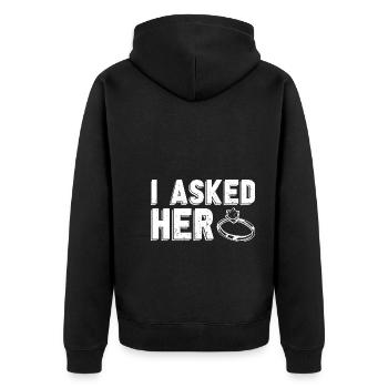 I Asked Her Wedding Gift Engagement - Unisex Premium Organic Zip Hoodie - black - Back - Nico (187cm)