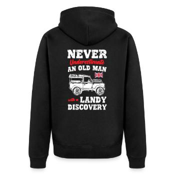 NEVER UNDERESTIMATE AN OLD MAN WITH A DISCOVERY - Unisex Premium Bio Zip Hoodie - Schwarz - Hinten - Nico (187cm)