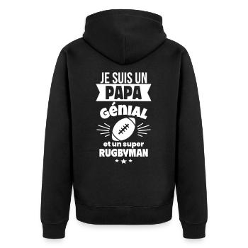 Papa génial & rugbyman – idée fête des pères - Veste à capuche bio Premium Unisexe - noir - Dos - Nico (187cm)