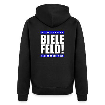 Bielefeld Ostwestfalen Teutoburger Wald - Unisex Premium Bio Zip Hoodie - Schwarz - Hinten - Nico (187cm)