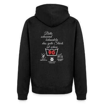 Bitte schonend behandeln - das gute Stück ist 90 - Unisex Premium Bio Zip Hoodie - Schwarz - Hinten - Nico (187cm)