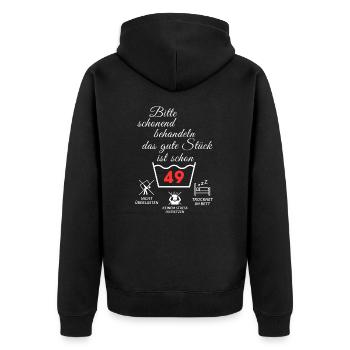 Bitte schonend behandeln - das gute Stück ist 49 - Unisex Premium Bio Zip Hoodie - Schwarz - Hinten - Nico (187cm)