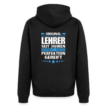 Zur Perfektion gereifter Lehrer - Unisex Premium Bio Zip Hoodie - Schwarz - Hinten - Nico (187cm)