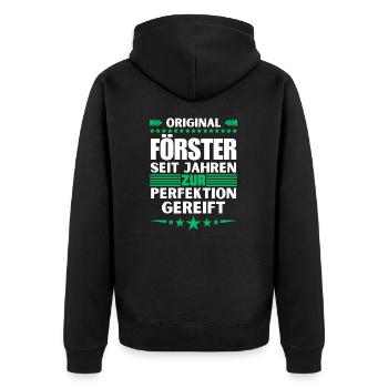 Zur Perfektion gereifter Förster - Unisex Premium Bio Zip Hoodie - Schwarz - Hinten - Nico (187cm)