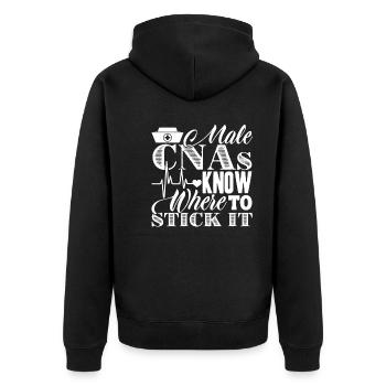 CNA Male CNAs Know Where To Stick It - Unisex Premium Organic Zip Hoodie - black - Back - Nico (187cm)