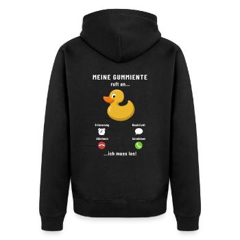 Meine Gummiente ruft an - ich muss los - Spruch - Unisex Premium Bio Zip Hoodie - Schwarz - Hinten - Nico (187cm)