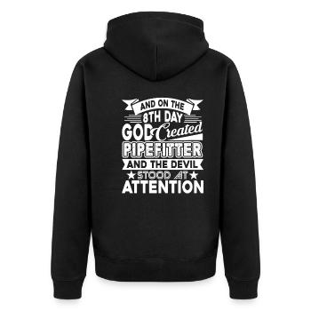 Pipefitter God Created Pipefitter - Unisex Premium Organic Zip Hoodie - black - Back - Nico (187cm)