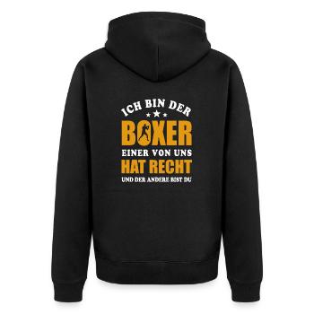Ich bin der Boxer - einer von uns hat Recht - Unisex Premium Bio Zip Hoodie - Schwarz - Hinten - Nico (187cm)