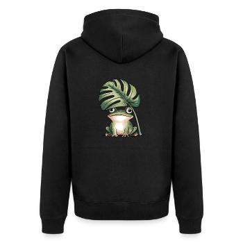 Cute frog under big monstera leaf - Unisex Premium Organic Zip Hoodie - black - Back - Nico (187cm)