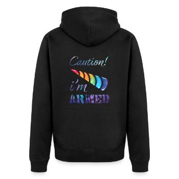 Vorsicht! Ich bin bewaffnetes Einhorn - Unisex Premium Bio Zip Hoodie - Schwarz - Hinten - Nico (187cm)