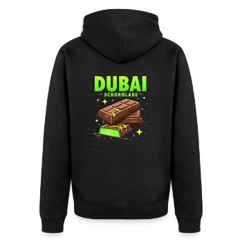 Dubai-Schokolade - Lustiger Spruch - Unisex Premium Bio Zip Hoodie - Schwarz - Hinten - Nico (187cm)