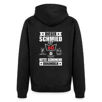 Dieser Schmied ist 60. Schonend behandeln - Unisex Premium Bio Zip Hoodie - Schwarz - Hinten - Nico (187cm)