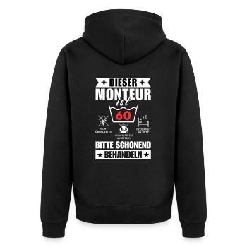 Dieser Monteur ist 60. Schonend behandeln - Unisex Premium Bio Zip Hoodie - Schwarz - Hinten - Nico (187cm)