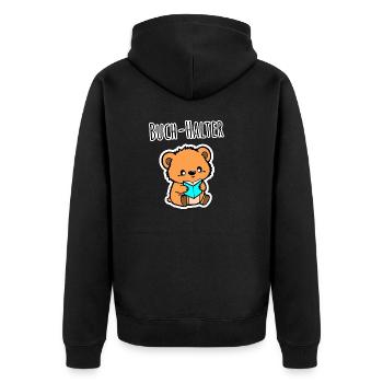 Der kleine Teddy ist ein Buch Halter! - Unisex Premium Bio Zip Hoodie - Schwarz - Hinten - Nico (187cm)