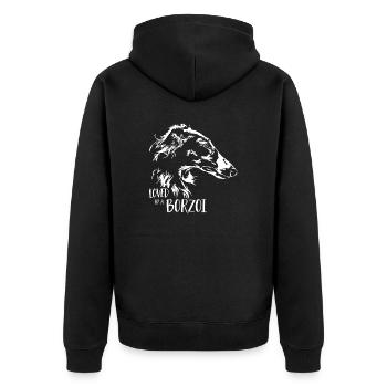BARSOI loved by a BORZOI Hundespruch Wilsigns - Unisex Premium Bio Zip Hoodie - Schwarz - Hinten - Nico (187cm)