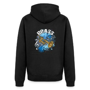 Trompete mit Notenlinien auf Farbklecksen - Unisex Premium Bio Zip Hoodie - Schwarz - Hinten - Nico (187cm)