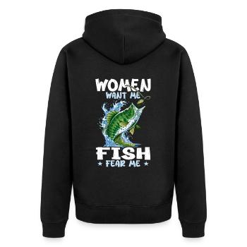 Frauen wollen mich, Fische, fürchten mich - Unisex Premium Bio Zip Hoodie - Schwarz - Hinten - Nico (187cm)