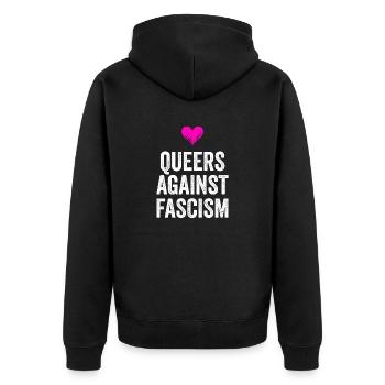 QUEERS AGAINST FASCISM - Unisex Premium Bio Zip Hoodie - Schwarz - Hinten - Nico (187cm)