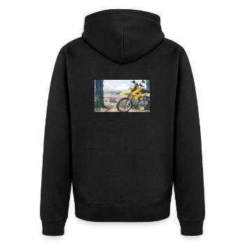 Motorrad in der Berglandschaft - Unisex Premium Bio Zip Hoodie - Schwarz - Hinten - Nico (187cm)